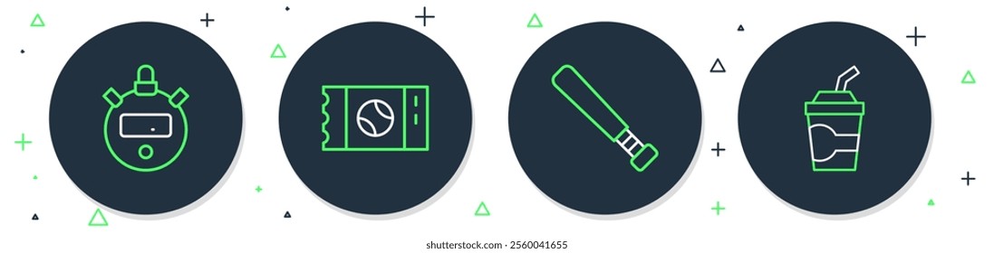 Set line Baseball ticket, bat, Stopwatch and Paper glass with water icon. Vector