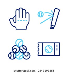 Set line Baseball ticket, bat with and glove icon. Vector