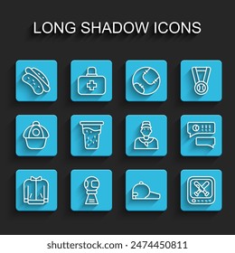 Set line Baseball t-shirt, Award cup with baseball, Hotdog sandwich, cap, Monitor game, Glass of beer, Speech bubble chat and coach icon. Vector