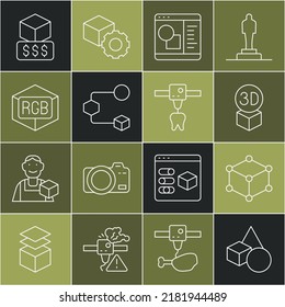 Set line Basic geometric shapes, Isometric cube, 3D printer software, RGB and CMYK color mixing, services and tooth icon. Vector