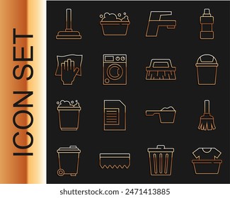 Set line Basin with shirt, Feather broom, Trash can, Water tap, Washer, Cleaning service, Rubber plunger and Brush for cleaning icon. Vector