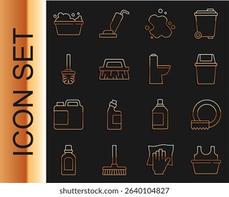 Set line Basin with shirt, Washing dishes, Trash can, Water spill, Brush for cleaning, Toilet brush, soap suds and bowl icon. Vector