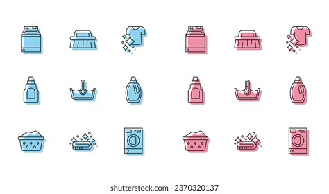 Set line Basin with soap suds, Towel stack, Washer, Temperature wash, Bottle for cleaning agent,  and Brush icon. Vector