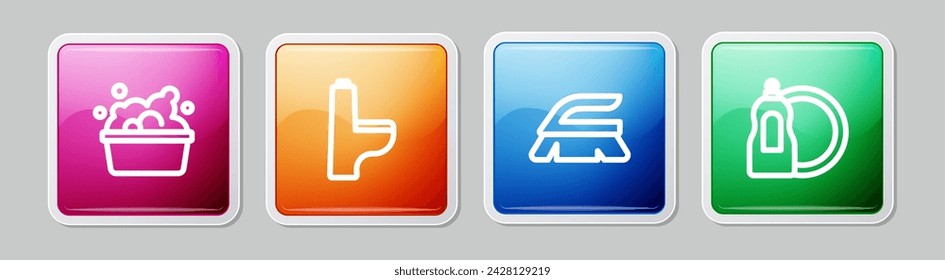 Set line Basin with soap suds, Toilet bowl, Brush for cleaning and Dishwashing liquid bottle. Colorful square button. Vector