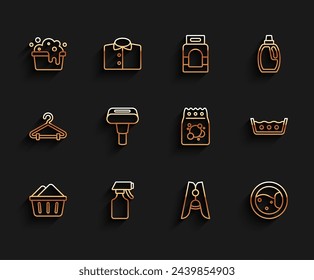 Set line Basin with soap suds, Water spray bottle, Clothes pin, Washer, Garment steamer, Temperature wash and Laundry detergent icon. Vector