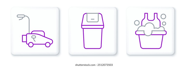 Set línea de lavabo con espuma de jabón, cortacésped e icono de la papelera. Vector