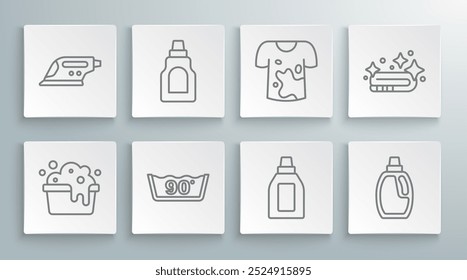 Set line Lavabo con espuma de jabón, botella para agente de limpieza, lavado a temperatura, camiseta sucia, pila de toallas e icono de hierro eléctrico. Vector