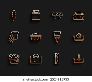 Set line Lavabo con espuma de jabón, camiseta, pluma, pasador de ropa, lavado a temperatura, limpiador de tiempo y goma para el icono de ventanas. Vector