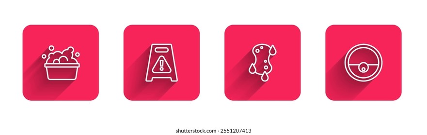 Set line Basin with soap suds, Wet floor, Sponge and Robot vacuum cleaner with long shadow. Red square button. Vector