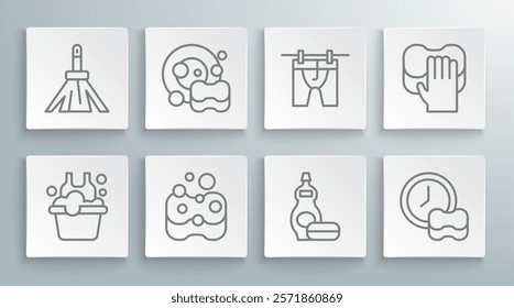 Set line Basin with soap suds, Washing dishes, Sponge, Dishwashing liquid bottle, Drying clothes, Cleaning service and Handle broom icon. Vector