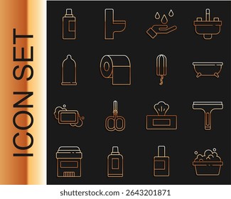 Set line Lavabo con espuma de jabón, limpiador de goma, bañera, lavarse las manos, rollo de papel higiénico, condón, botella para agente de limpieza e icono de tampón sanitario. Vector