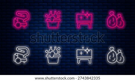 Set line Basin with soap suds, Clean table, Vacuum cleaner and Garbage bag. Glowing neon icon on brick wall. Vector
