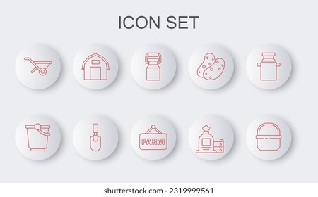 Set line Basket, Bucket, Can container for milk, Full sack and wooden box, Wheelbarrow, Farm house, Garden trowel spade shovel and Signboard with text icon. Vector