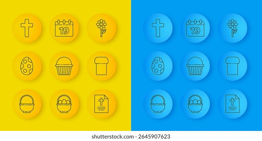 Set line Basket, Easter egg, cake, Greeting card with Happy, Christian cross, Flower and Calendar icon. Vector