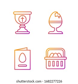 Set line Basket with easter eggs, Greeting card with Happy Easter, Christian chalice and Chicken egg on a stand. Gradient color icons. Vector
