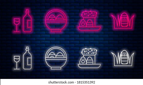 Set line Basket with easter eggs, Easter cake and eggs, Wine bottle with glass and Easter egg. Glowing neon icon on brick wall. Vector