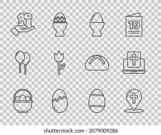 Set line Basket with easter eggs, Map pointer christian cross, Easter on stand, Broken, Human hand cake, Flower tulip,  and Cross the laptop screen icon. Vector