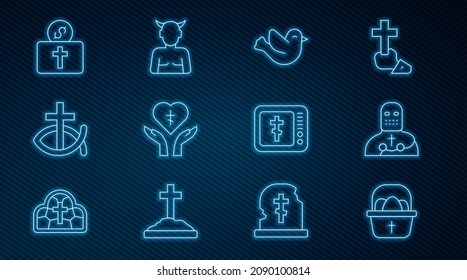 Set line Basket with easter eggs, Knight crusader, Dove, Religious cross in heart, Christian fish, Donation for church, Online pastor preaching and Krampus, heck icon. Vector