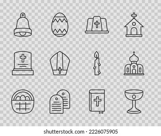 Set line Basket with easter eggs, Christian chalice, Pope hat, Holy bible book, Church bell,  and building icon. Vector