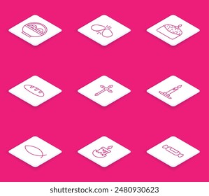 Set line Basket with easter eggs, Easter, cake and candle, Bread loaf, Christian cross, Burning in candlestick, fish and  icon. Vector