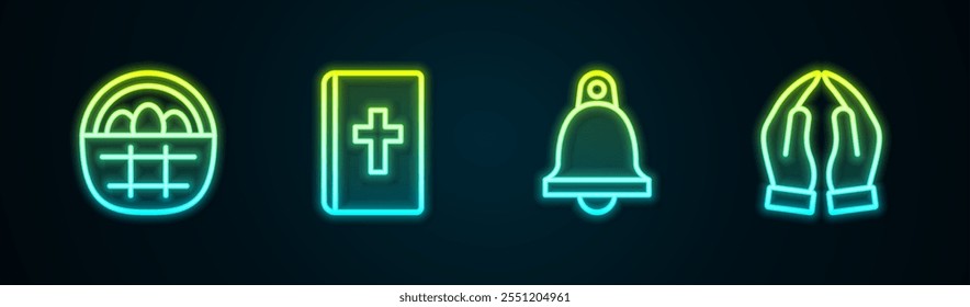 Fije la cesta de la línea con los huevos de Pascua, el libro sagrado de la Biblia, la campana de la iglesia y las manos en posición de oración. Icono de neón brillante. Vector