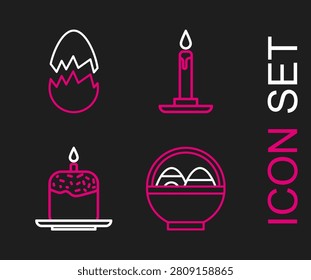 Set line Basket with easter eggs, Easter cake and candle, Burning in candlestick and Broken icon. Vector