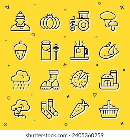 Set line Basket, Farm house, Roasted turkey or chicken, Tractor, Jar of honey and dipper stick, Acorn, Autumn clothes and Cup tea with tea bag icon. Vector