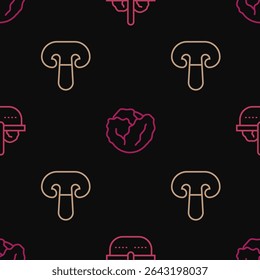 Set line Basket and food, Mushroom and Cabbage on seamless pattern. Vector