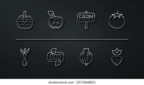 Set line Basket and food, Onion, Tomato, Garlic, Leaf Eco symbol, Apple, Turnip and Location farm icon. Vector