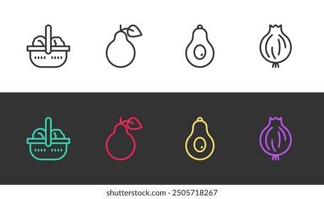 Set line Basket and food, Pear, Avocado and Garlic on black and white. Vector