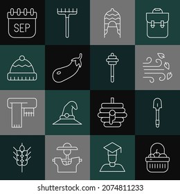 Set line Basket and food, Shovel, Windy weather, Winter hat, Eggplant, September calendar autumn and Honey dipper stick icon. Vector