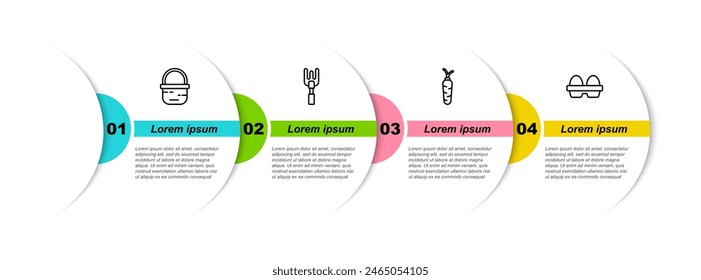 Set line Basket, Garden rake, Carrot and Chicken egg in box. Business infographic template. Vector