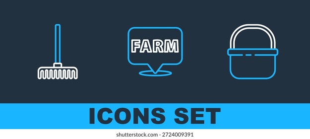 Set line Basket, Garden rake and Location farm icon. Vector