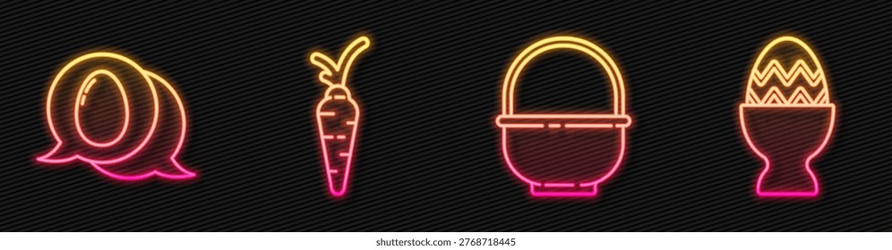 Set line Basket, Speech bubble with easter egg, Carrot and Easter egg on a stand. Glowing neon icon. Vector