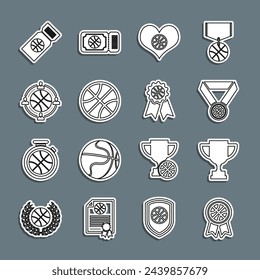 Set line Basketball award, Award cup, medal, Heart with basketball, Planning strategy, game ticket and  icon. Vector