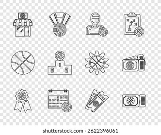 Set line Basketball award, game ticket, player, on sport calendar, Sports shop and basketball, winner podium,  and  icon. Vector