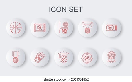 Set line Basketball award, medal, and basket, Planning strategy, game video, ticket and training icon. Vector