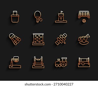 Juego de línea de baloncesto backboard, Bungee, arena en cubo, tren de juguete, red de voleibol con, pared de escalada, swing de silla de caballo e icono de Hopscotch. Vector