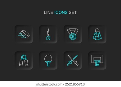 Set line Basketball backboard, Fencing, Racket, Sport expander, Badminton shuttlecock, Medal, Dart arrow and Hockey puck icon. Vector