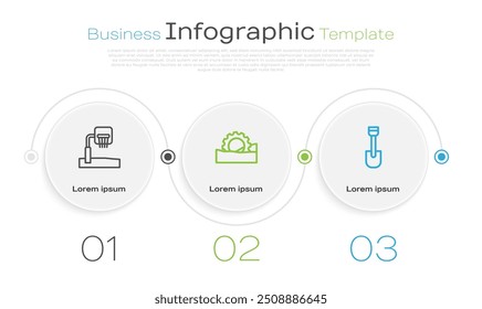Definir linha de basquete backboard, roda-gigante e brinquedo Pá. Modelo de infográfico comercial. Vetor