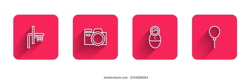 Set line Basketball backboard, Photo camera, Tumbler doll toy and Balloons with ribbon with long shadow. Red square button. Vector