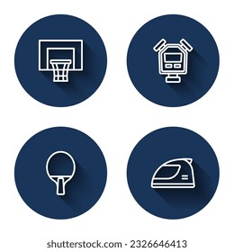 Set line Basketball backboard, Stopwatch, Racket and Racing helmet with long shadow. Blue circle button. Vector