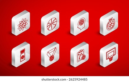 Set line Basketball backboard, Thoughts on basketball, Stopwatch with, Planning strategy, concept, medal and game ticket icon. Vector