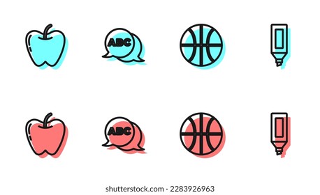 Set line Basketball ball, Apple, Alphabet and Marker pen icon. Vector