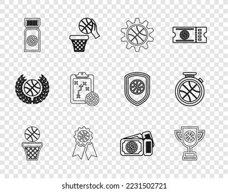 Set line Basketball ball and basket, Award cup with basketball, Planning strategy concept, award, game ticket,  and Stopwatch icon. Vector