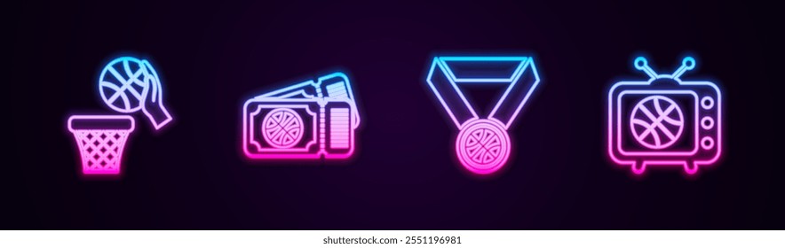 Set line Basketball ball and basket, game ticket, medal and match on tv. Glowing neon icon. Vector
