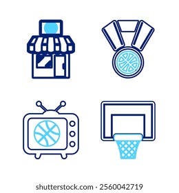 Set line Basketball ball and basket, Location with basketball, Stopwatch and training icon. Vector