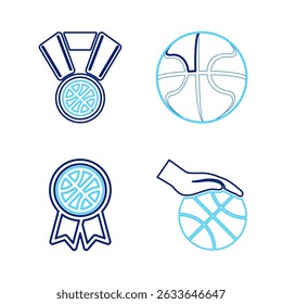 Set line Basketball ball and basket, medal,  and Stopwatch with basketball icon. Vector