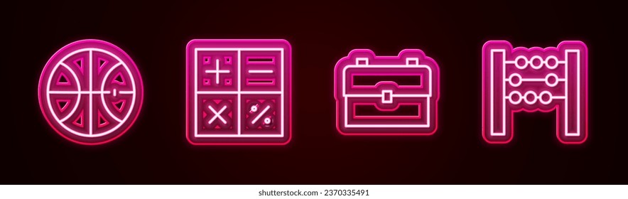 Set line Basketball ball, Calculator, School backpack and Abacus. Glowing neon icon. Vector