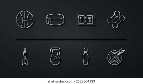 Set line Basketball ball, Dart arrow, Dumbbell, Bowling pin, Kettlebell, Hockey puck, Target with and Sport mechanical scoreboard icon. Vector